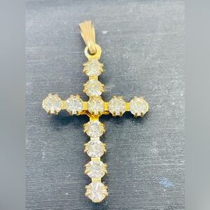 Gold Tone Crystal Cross Pendant. 11 Round Clear Rhinestones.